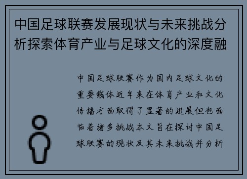 中国足球联赛发展现状与未来挑战分析探索体育产业与足球文化的深度融合