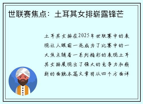 世联赛焦点：土耳其女排崭露锋芒