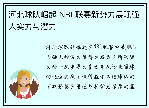 河北球队崛起 NBL联赛新势力展现强大实力与潜力