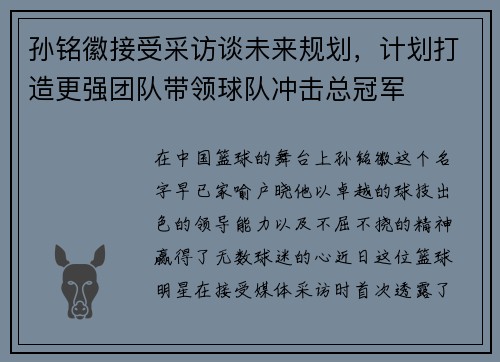 孙铭徽接受采访谈未来规划，计划打造更强团队带领球队冲击总冠军